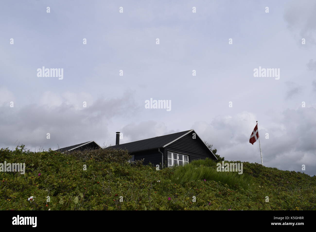 The Dannebrog, the Danish flag, is hoisted next to a holiday home in Henne Strand, Denmark, 18 August 2017. - NO WIRE SERVICE - Photo: Tim Brakemeier/dpa-Zentralbild/ZB Stock Photo