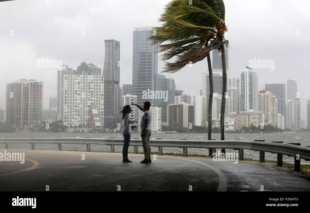 Miami, Florida, USA. 9th Sep, 2017. The winds and sea are whipped up off of the Rickenbacker Causeway as Hurricane Irma approaches. Irma, still category 4, churned toward Florida on Saturday, leaving a trail of death and destruction across the Caribbean and prompting one of the largest emergency evacuations in American history. The storm shifted west, putting the Florida Keys in its cross hairs and prompting officials to open more shelters. Credit: Sun-Sentinel/ZUMA Wire/Alamy Live News Stock Photo