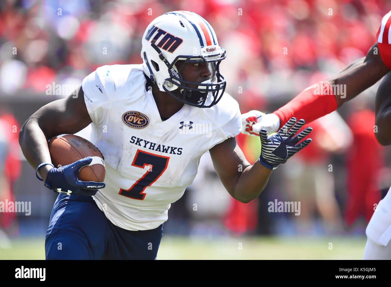 Halftime. 9th Sep, 2017. Tennessee-Martin running back Ladarius Galloway turns upfield during the second quarter of a NCAA college football game against Mississippi at Vaught-Hemmingway Stadium in Oxford, MS. Mississippi leads 17-16 at halftime. Austin McAfee/CSM/Alamy Live News Stock Photo