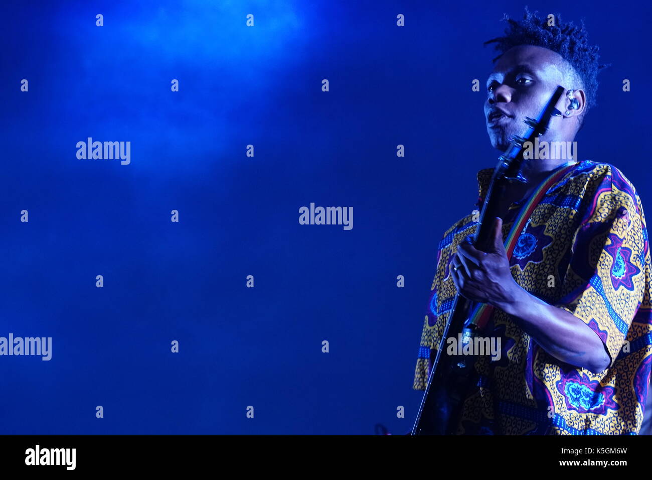London, UK. 9th September, 2017. Gbenga Adelekan of Metronomy performing live on the Main Stage at the 2017 OnBlackheath Festival in Blackheath, London. Photo date: Saturday, September 9, 2017. Photo credit should read: Roger Garfield/Alamy Live News Stock Photo