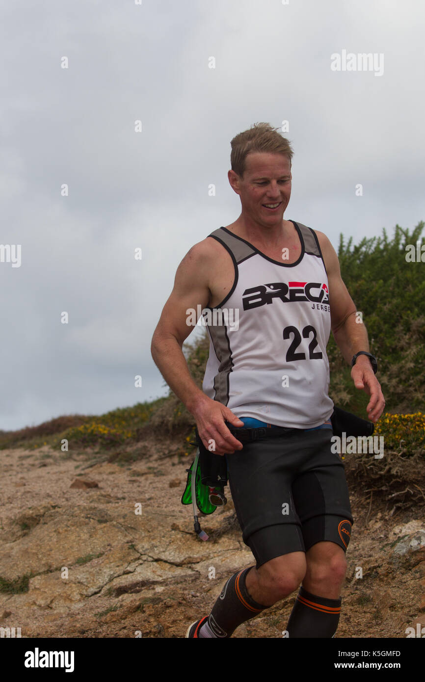 Jersey, UK. 09th Sep, 2017. Breca Jersey is the Channel Islands first  swimrun race around the stunning coastline of Jersey. Teams of two took on  this 54km course across 19 legsLead runners