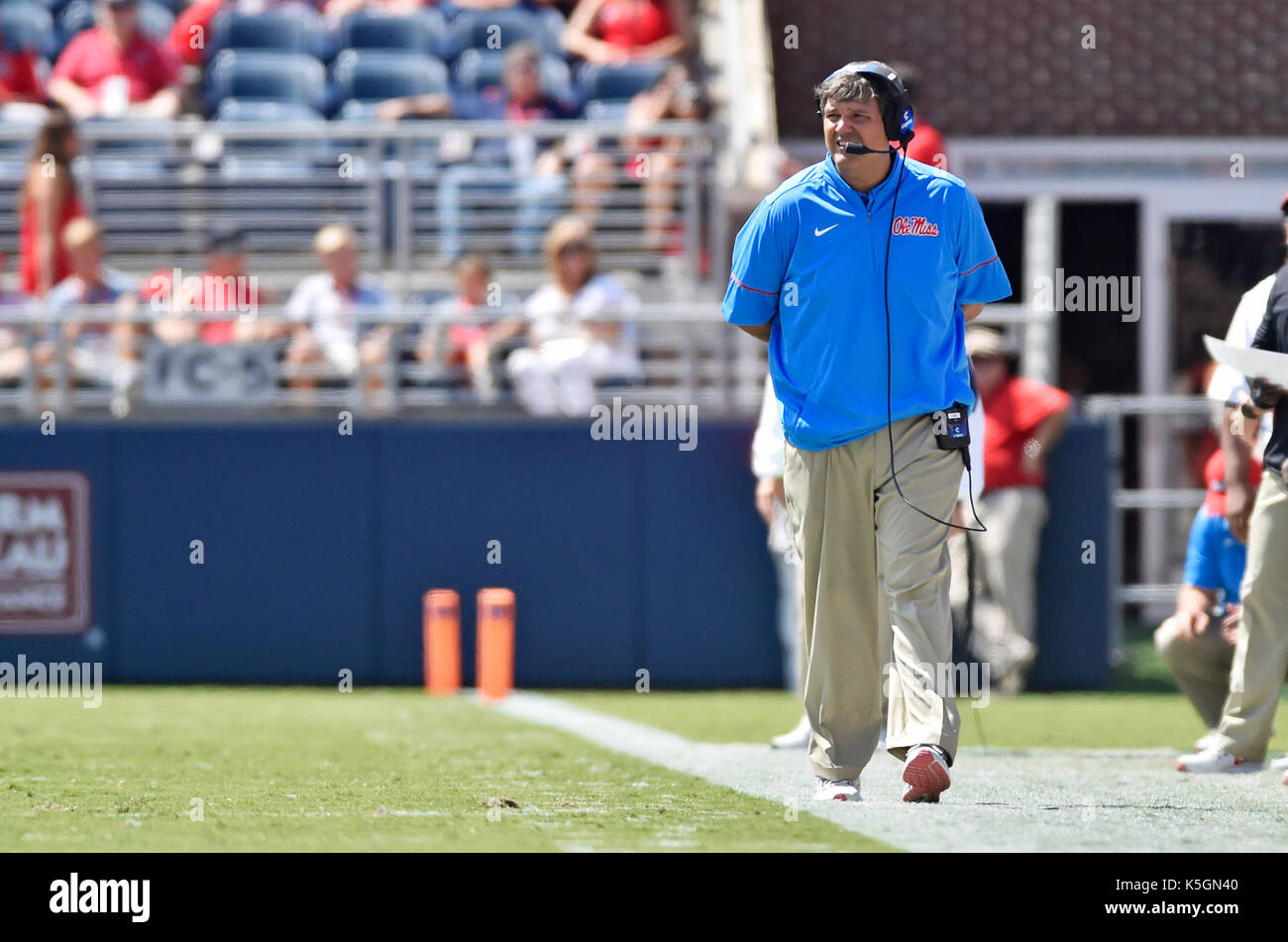 Oxford, MS, USA. 9th Sep, 2017. Mississippi coach Matt Luke walks down the sidelines during the second quarter of a NCAA college football game against Tennessee-Martin at Vaught-Hemmingway Stadium in Oxford, MS. Mississippi won 45-23. Austin McAfee/CSM/Alamy Live News Stock Photo