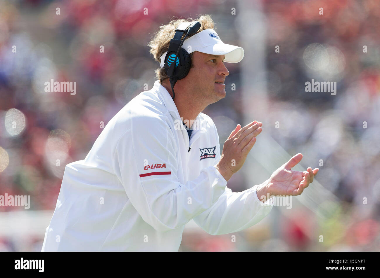 Madison, WI, USA. 9th Sep, 2017. Florida Atlantic head coach Lane Kiffin during the NCAA Football game between the Florida Atlantic Owls and the Wisconsin Badgers at Camp Randall Stadium in Madison, WI. Wisconsin defeated Florida Atlantic 31-14. John Fisher/CSM/Alamy Live News Stock Photo