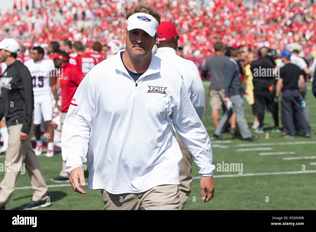 Madison, WI, USA. 9th Sep, 2017. Florida Atlantic head coach Lane Kiffin walks off the field after the NCAA Football game between the Florida Atlantic Owls and the Wisconsin Badgers at Camp Randall Stadium in Madison, WI. Wisconsin defeated Florida Atlantic 31-14. John Fisher/CSM/Alamy Live News Stock Photo