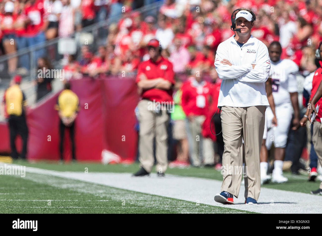 Madison, WI, USA. 9th Sep, 2017. Florida Atlantic head coach Lane Kiffin looks on during the NCAA Football game between the Florida Atlantic Owls and the Wisconsin Badgers at Camp Randall Stadium in Madison, WI. Wisconsin defeated Florida Atlantic 31-14. John Fisher/CSM/Alamy Live News Stock Photo