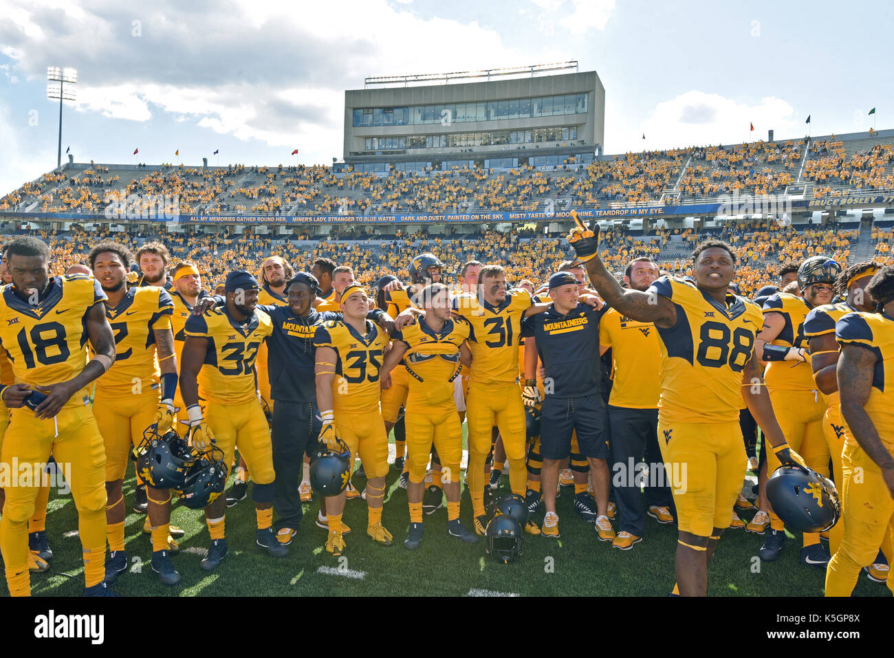 Morgantown, West Virginia, USA. 9th Sep, 2017. The West Virginia Mountaineers football team sings Country Roads to the students following the game played at Mountaineer Field in Morgantown, WV. WVU beat ECU 56-20. Credit: Ken Inness/ZUMA Wire/Alamy Live News Stock Photo