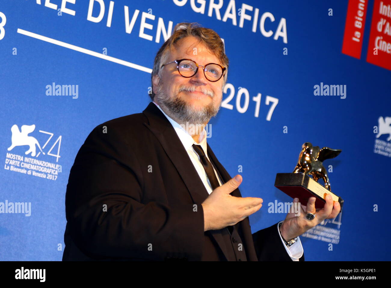 Venice, Italy. 9th September, 2017. Director Guillermo Del Toro poses during a award photocall after he receives the Golden Lion for Best Film with the movie 'The Shape of Water' during the 74th Venice International Film Festival at Lido of Venice on 9th September, 2017. Credit: Andrea Spinelli/Alamy Live News Stock Photo