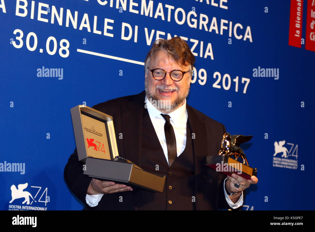 Venice, Italy. 9th September, 2017. Director Guillermo Del Toro poses during a award photocall after he receives the Golden Lion for Best Film with the movie 'The Shape of Water' during the 74th Venice International Film Festival at Lido of Venice on 9th September, 2017. Credit: Andrea Spinelli/Alamy Live News Stock Photo