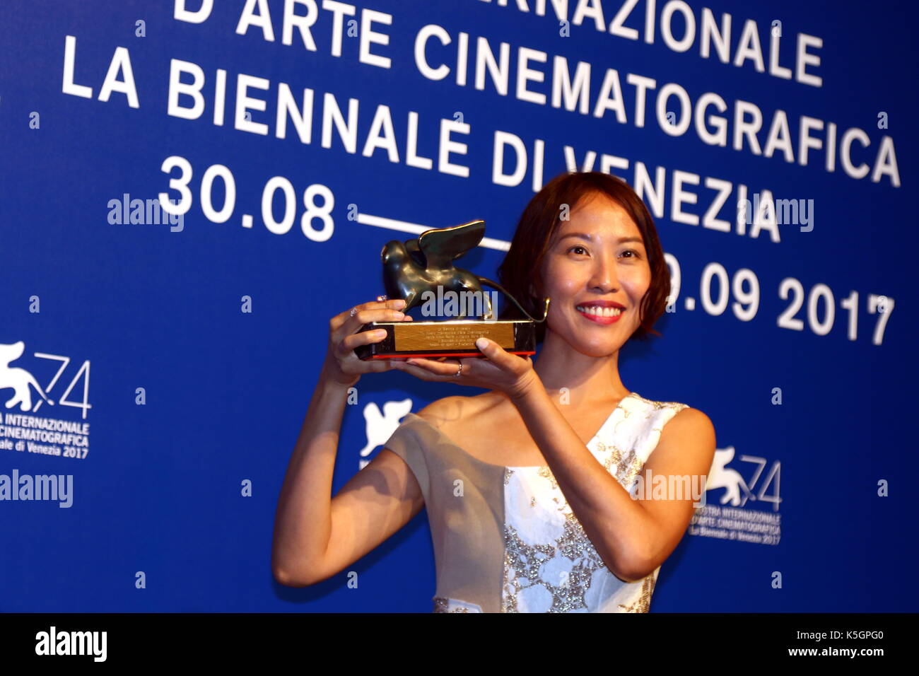 Venice, Italy. 9th September, 2017. Gina Kim poses with the Best VR Story Award for 'Bloodless' at the Award Photocall during the 74th Venice International Film Festival at Lido of Venice on 9th September, 2017. Credit: Andrea Spinelli/Alamy Live News Stock Photo