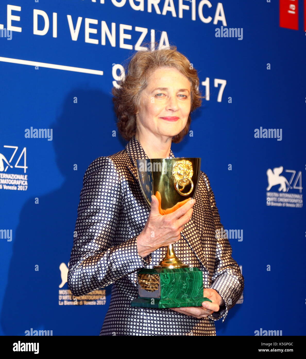 Venice, Italy. 9th September, 2017. Actress Charlotte Rampling poses during a award photocall after she receives the Coppa Volpi for Best Actress for her character in the movie 'Hannah' during the 74th Venice International Film Festival at Lido of Venice on 9th September, 2017. Credit: Andrea Spinelli/Alamy Live News Stock Photo
