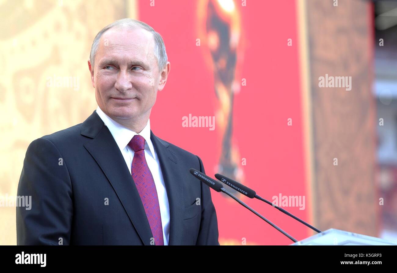 Russian President Vladimir Putin smiles at the start of the FIFA World Cup Trophy Tour at the Luzhniki Grand Sports Arena September 9, 2017 in Moscow, Russia. The FIFA World Cup trophy will visit 24 Russian cities and 50 countries prior to the start of the World Cup Russia 2018. Stock Photo