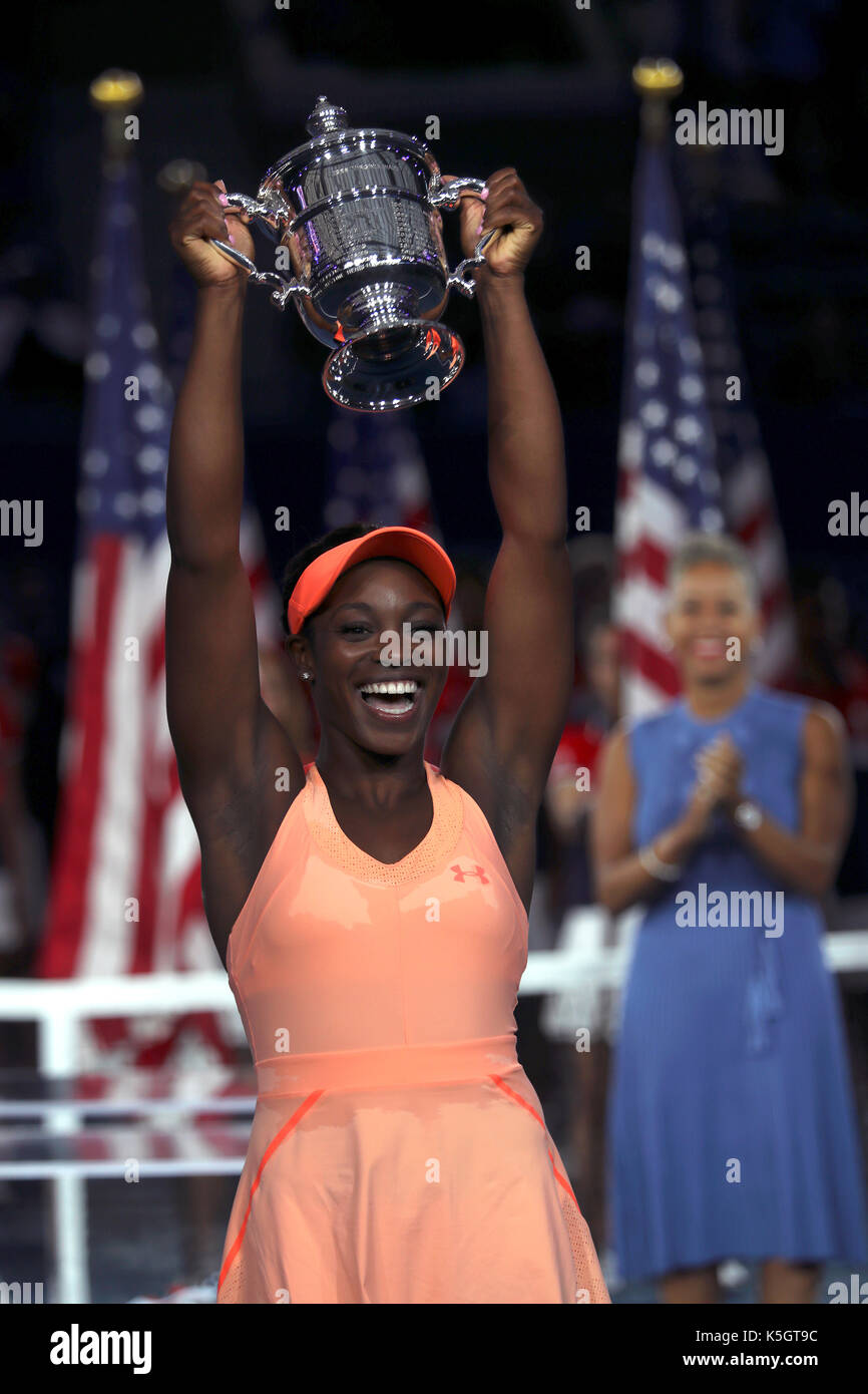 New York, United States. 09th Sep, 2017. US Open Tennis: New York, 9 September, 2017 - Sloane Stephens of the United States holds her trophy as USTA President Katrina Adams looks on after Stephens after defeated fellow American Madison Keys to capture her first US Open singles title. in Flushing Meadows, New York. Credit: Adam Stoltman/Alamy Live News Stock Photo