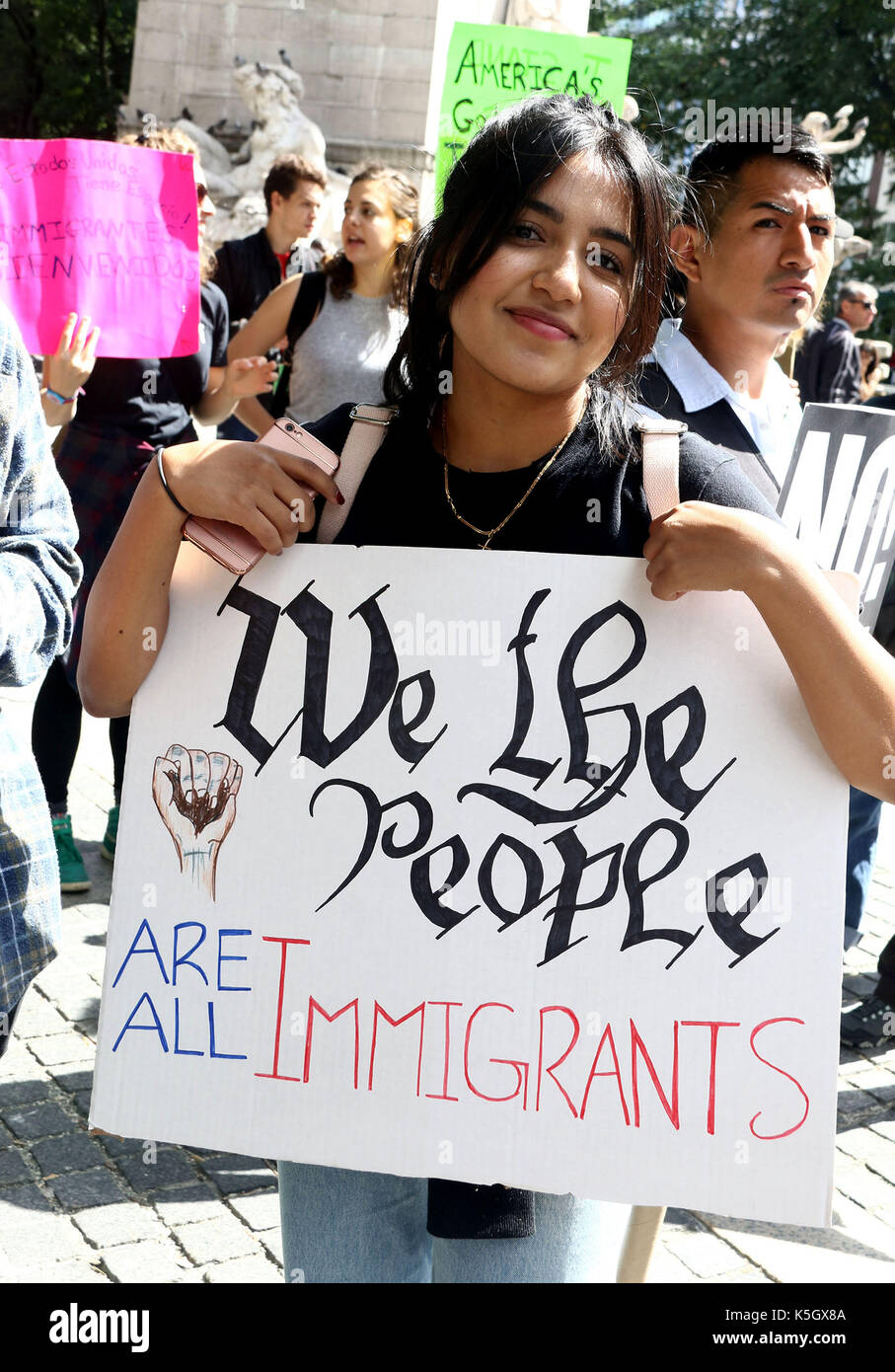 New York, New York, USA. 9th Sep, 2017. New Yorkers protest Trump's end to DACA, 'Deferred Action for Childhood Arrival' at Columbus Circle. Credit: Nancy Kaszerman/ZUMA Wire/Alamy Live News Stock Photo