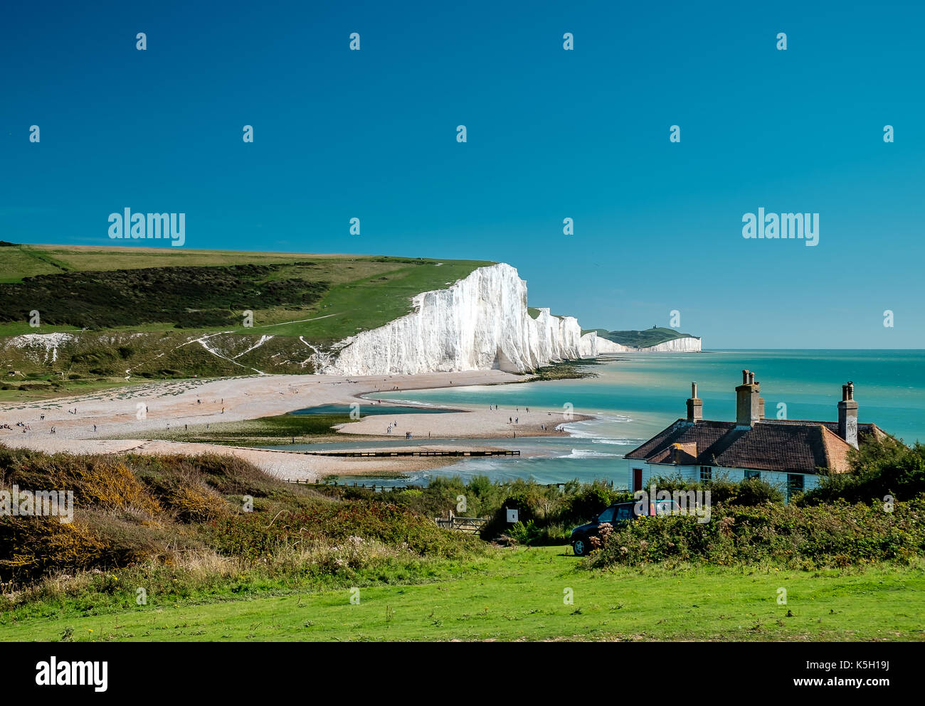 Seven Sisters chalk cliffs at Sussex with the clear blue sky Stock Photo