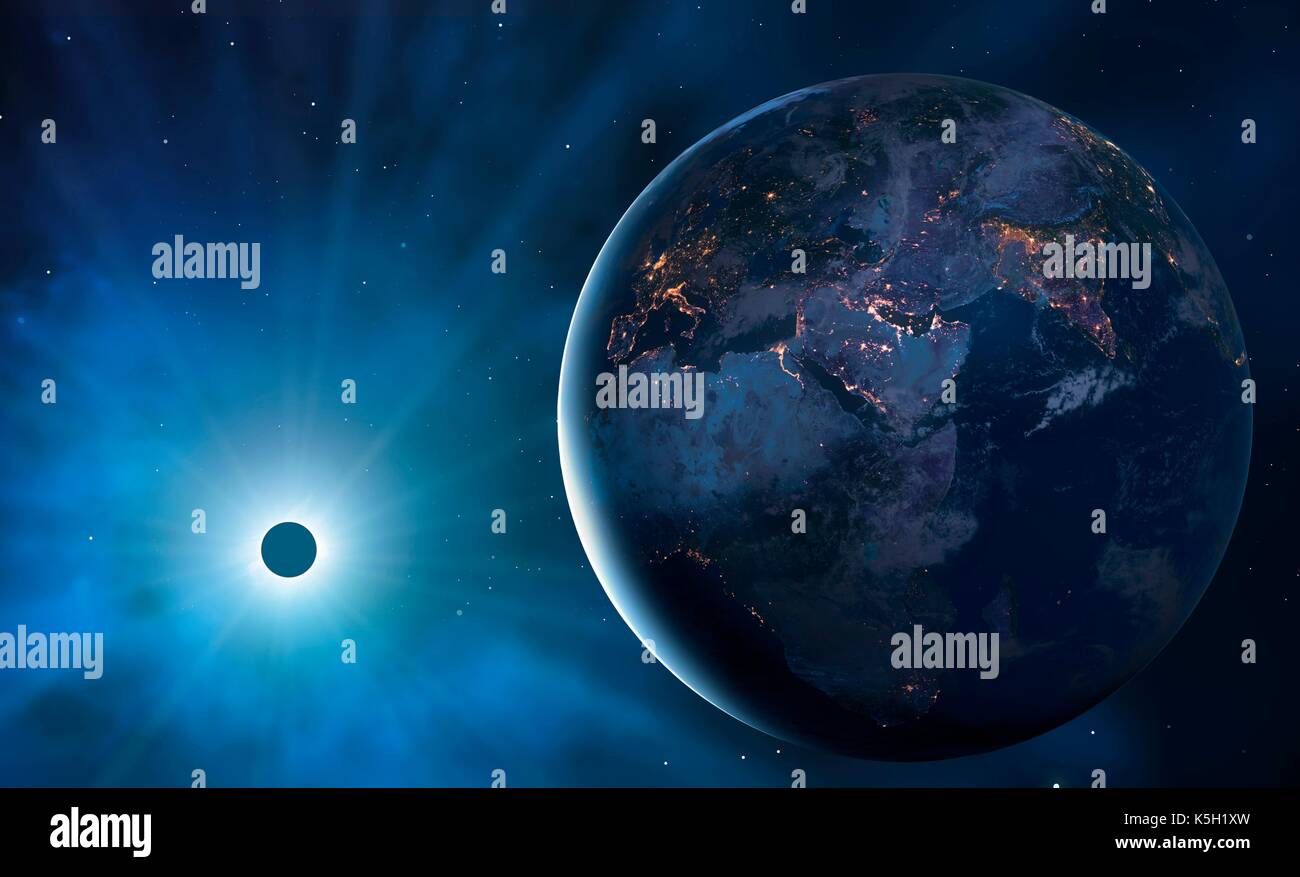 Illustration of the Earth from space during a solar eclipse, showing a large proportion of the planet in darkness. Cities are seen glistening, defining the edges of the continents. This view shows Africa, Europe and Asia. Stock Photo