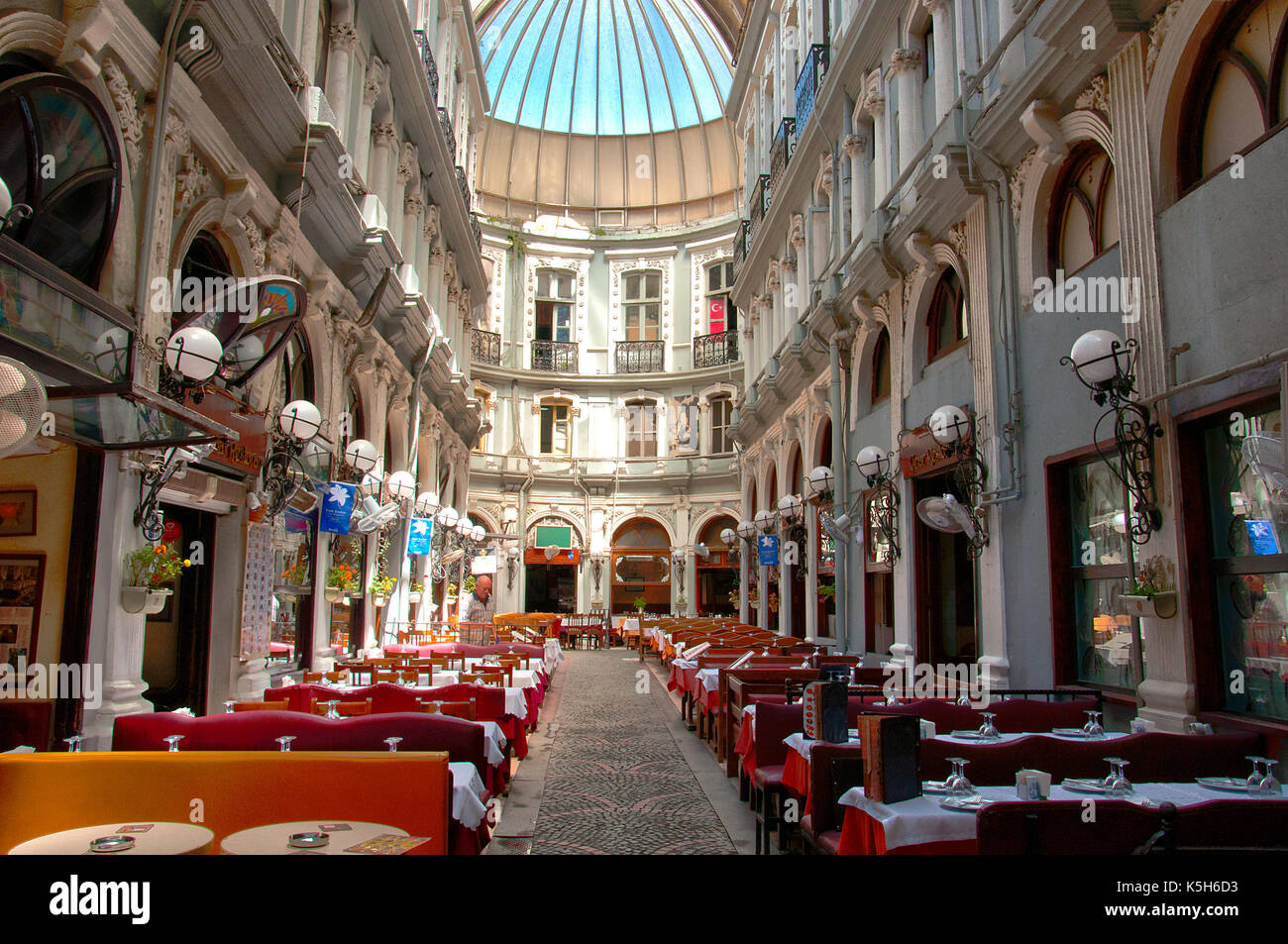 ISTANBUL,TURKEY, AUGUST 26, 2017: Interior shot from Cicek Pasaji (Flower Passage) a famous historic passage with historic cafes and restaurant Stock Photo