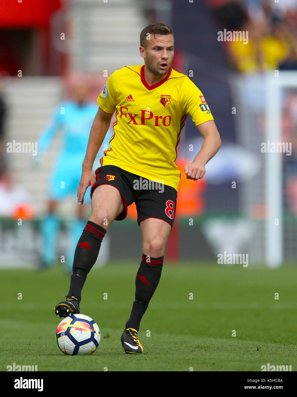 Watford's Tom Cleverley during the Premier League match at St Mary's Stadium, Southampton. PRESS ASSOCIATION Photo. Picture date: Saturday September 9, 2017. See PA story SOCCER Southampton. Photo credit should read: Steven Paston/PA Wire. RESTRICTIONS: No use with unauthorised audio, video, data, fixture lists, club/league logos or 'live' services. Online in-match use limited to 75 images, no video emulation. No use in betting, games or single club/league/player publications. Stock Photo