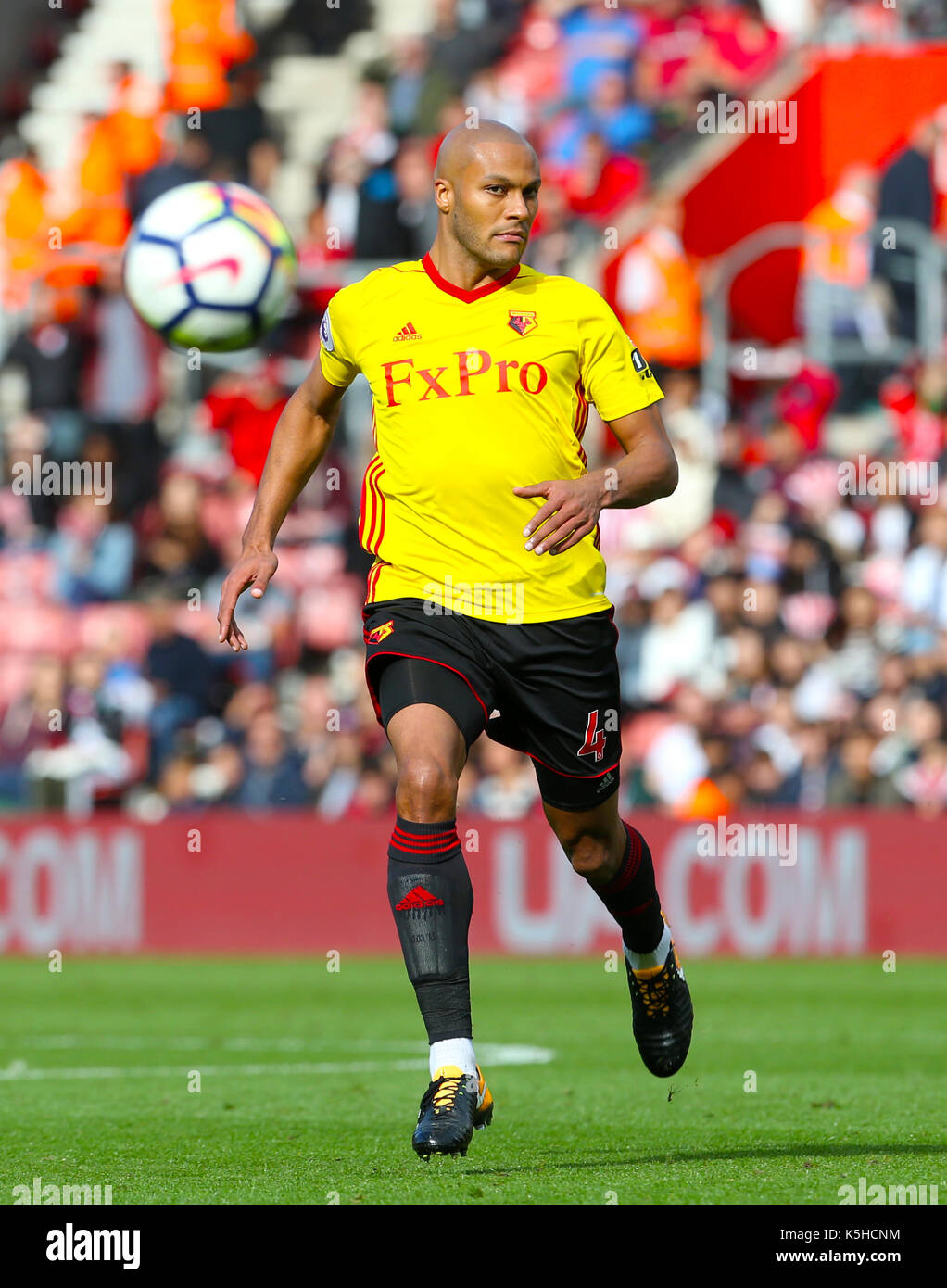 Watford's Younes Kaboulduring the Premier League match at St Mary's Stadium, Southampton. PRESS ASSOCIATION Photo. Picture date: Saturday September 9, 2017. See PA story SOCCER Southampton. Photo credit should read: Steven Paston/PA Wire. RESTRICTIONS: No use with unauthorised audio, video, data, fixture lists, club/league logos or 'live' services. Online in-match use limited to 75 images, no video emulation. No use in betting, games or single club/league/player publications. Stock Photo