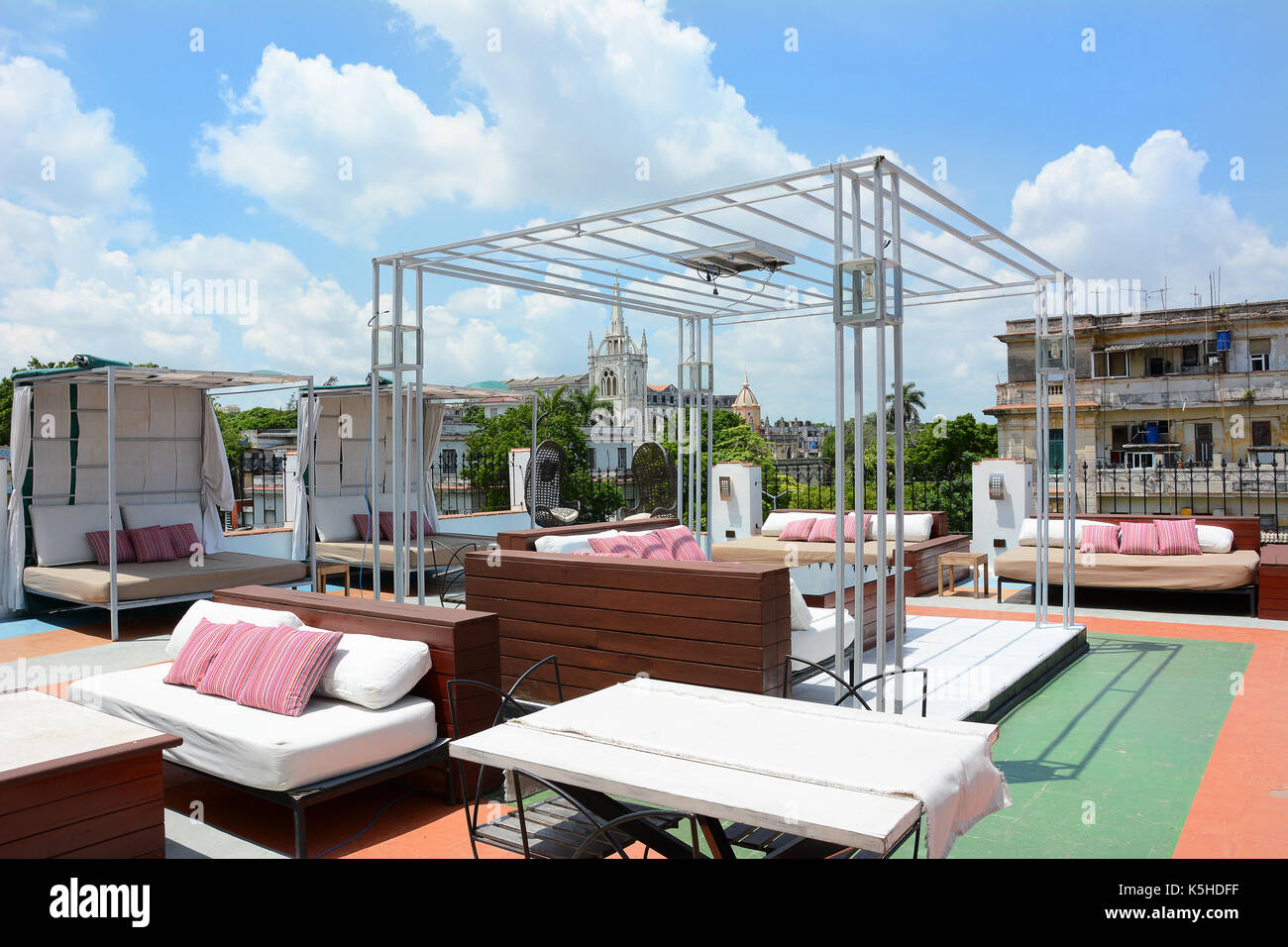 HAVANA, CUBA - JULY 20, 2016: Versus 1900 Restaurant rooftop patio. Located in the most central area of the city, it has different spaces to meet th Stock Photo