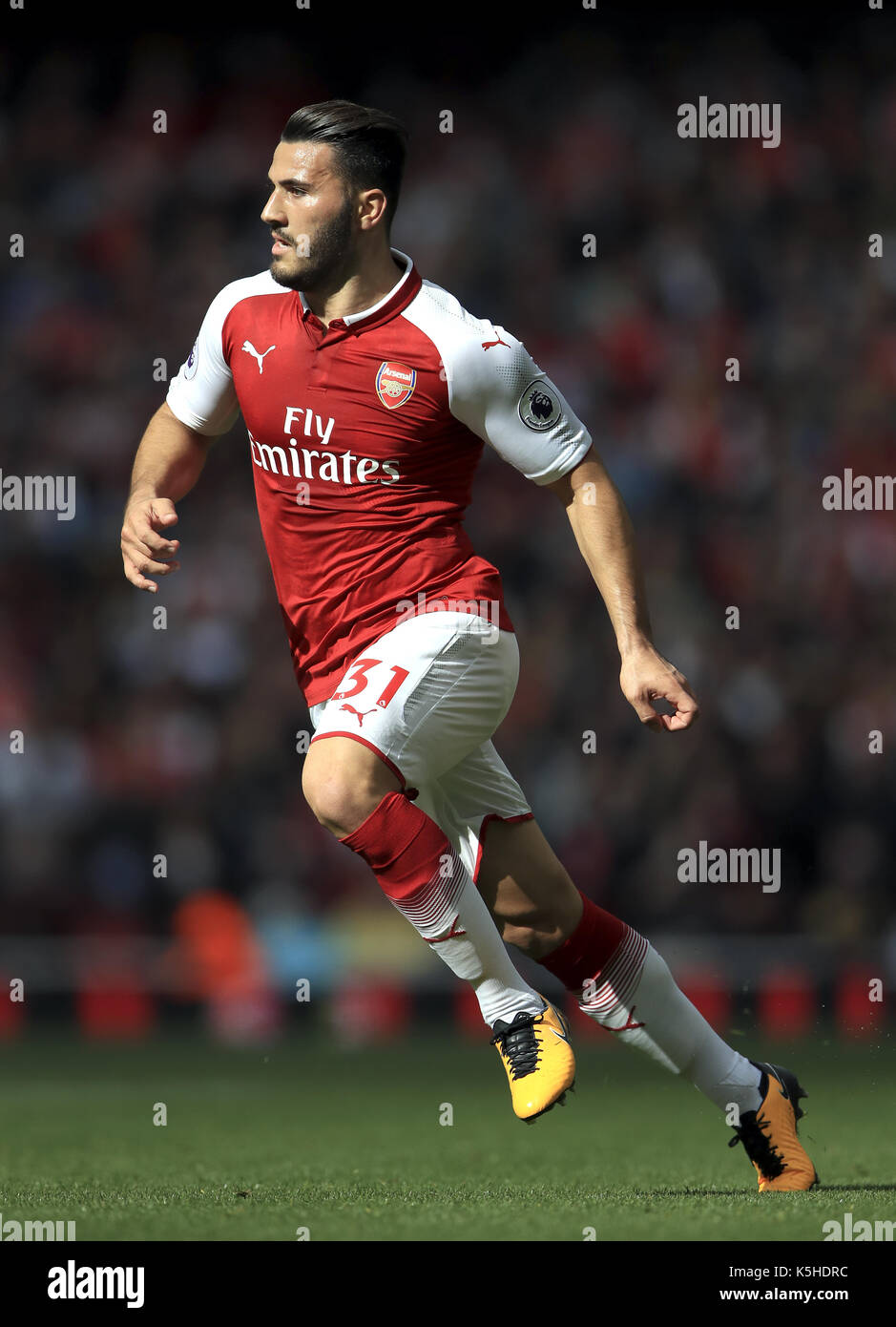 Arsenal's Sead Kolasinac during the Premier League match at the Emirates Stadium, London. PRESS ASSOCIATION Photo. Picture date: Saturday September 9, 2017. See PA story SOCCER Arsenal. Photo credit should read: John Walton/PA Wire. RESTRICTIONS: No use with unauthorised audio, video, data, fixture lists, club/league logos or 'live' services. Online in-match use limited to 75 images, no video emulation. No use in betting, games or single club/league/player publications. Stock Photo