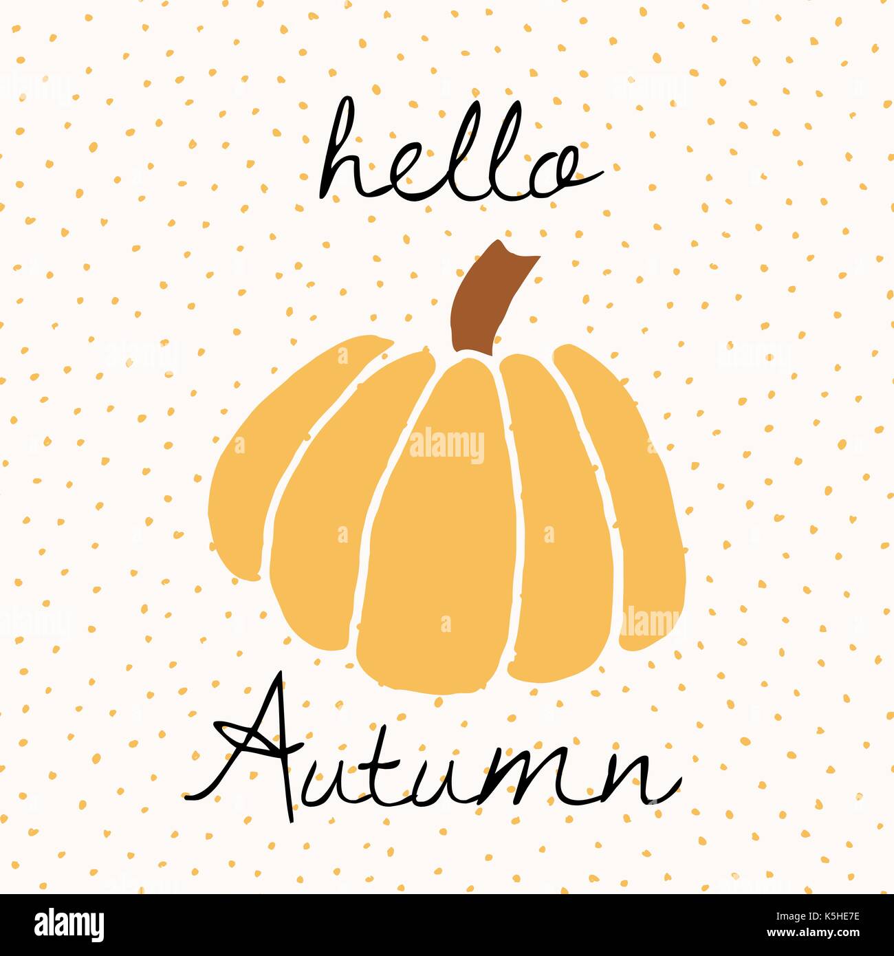 Greeting card with pumpkin and text "Hello Autumn" on dots pattern background. Cute and modern wall art, greeting card, brochure template design. Stock Vector