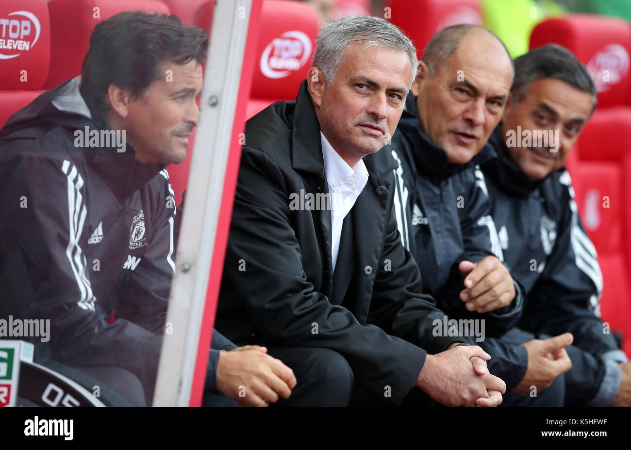 Manchester United manager Jose Mourinho during the Premier League match at the bet365 Stadium, Stoke. PRESS ASSOCIATION Photo. Picture date: Saturday September 9, 2017. See PA story SOCCER Stoke. Photo credit should read: Nick Potts/PA Wire. RESTRICTIONS: No use with unauthorised audio, video, data, fixture lists, club/league logos or 'live' services. Online in-match use limited to 75 images, no video emulation. No use in betting, games or single club/league/player publications. Stock Photo