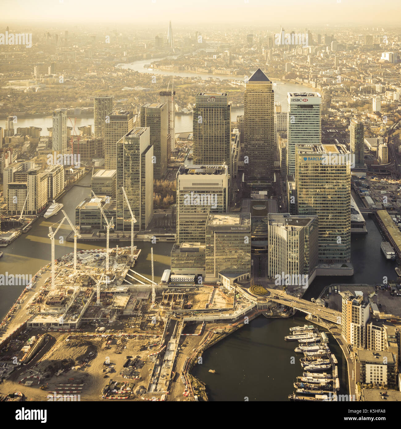 High-rise offices in Canary Wharf seen from the helicopter, London ...