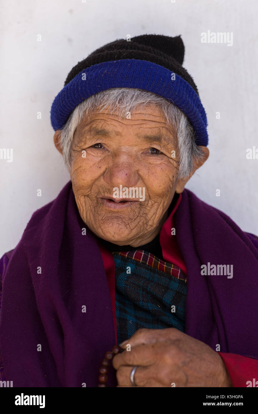 Elderly worshiper at the National Memorial Chorten in Thimphu, Western Bhutan Stock Photo