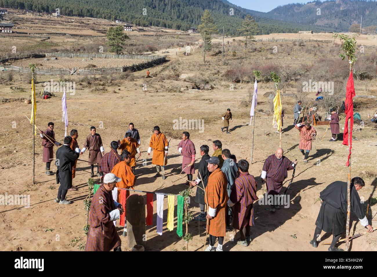 Local archery competition in Phobjikha Valley, Western Bhutan Stock