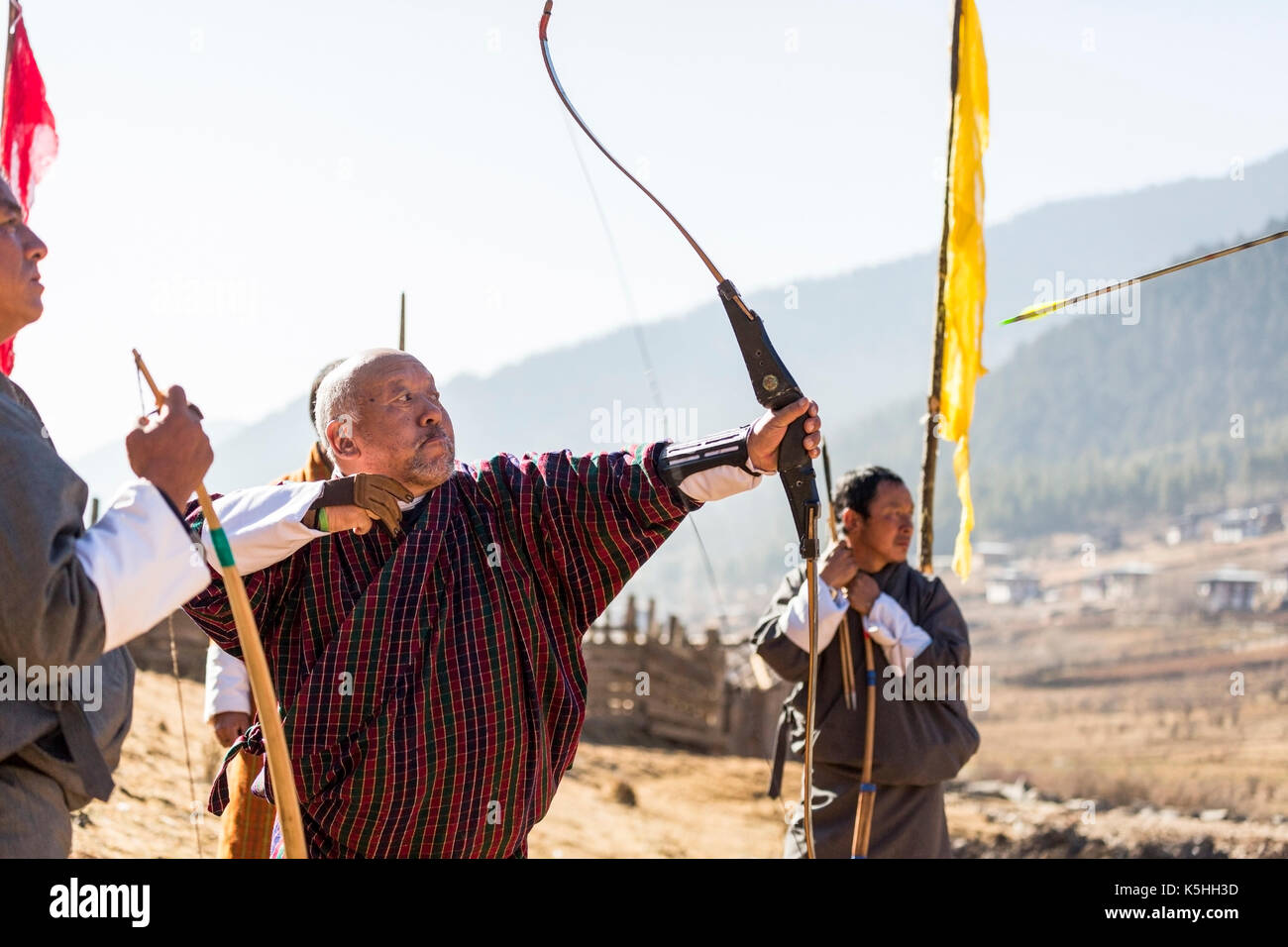 Local archery competition in Phobjikha Valley, Western Bhutan Stock