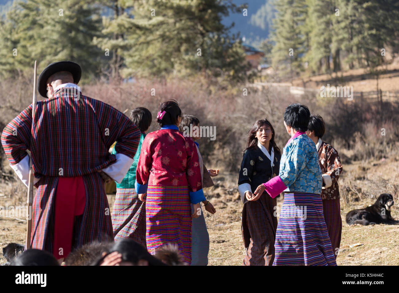 Local archery competition in Phobjikha Valley, Western Bhutan Stock Photo