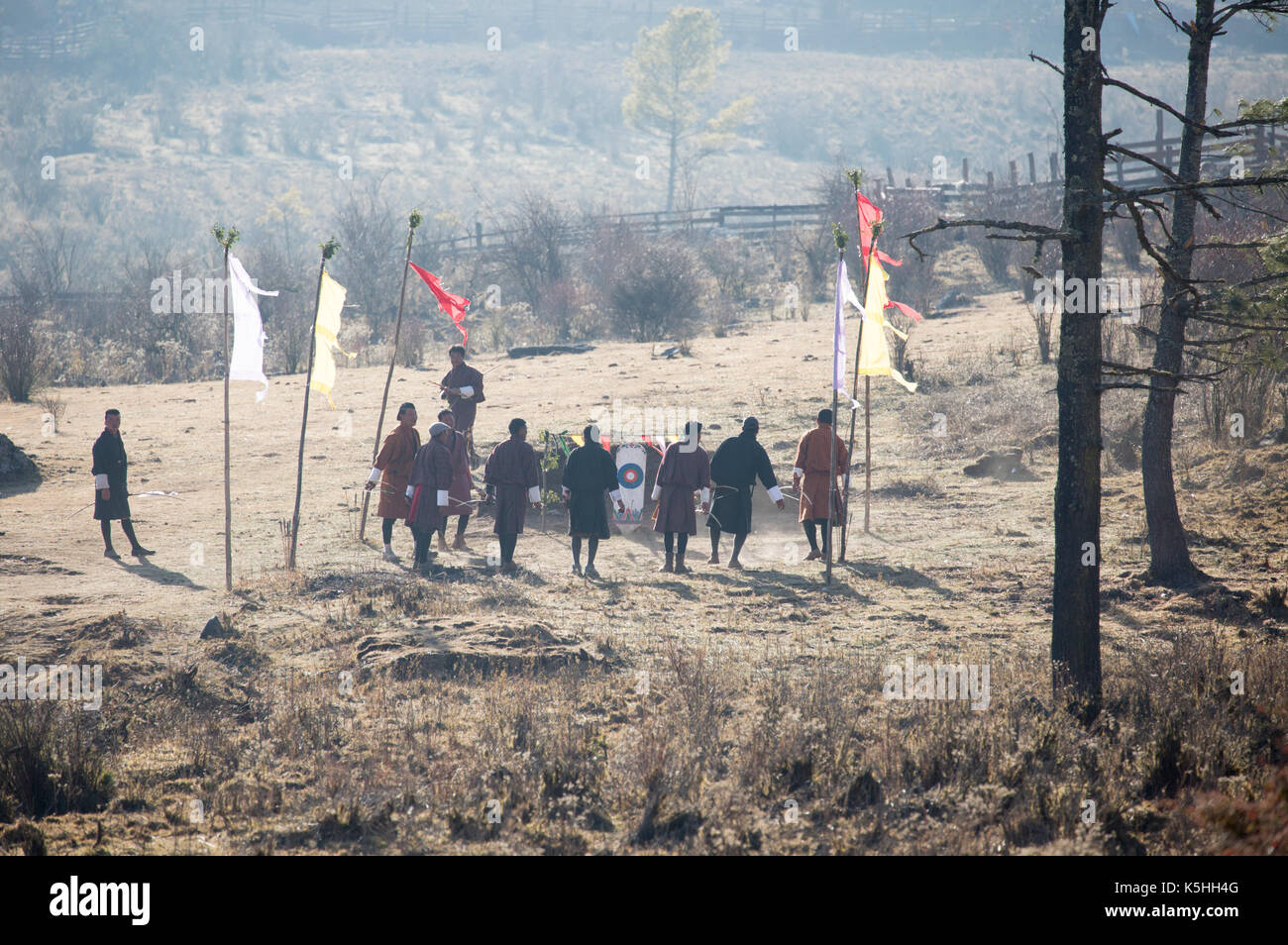 Local archery competition in Phobjikha Valley, Western Bhutan Stock Photo