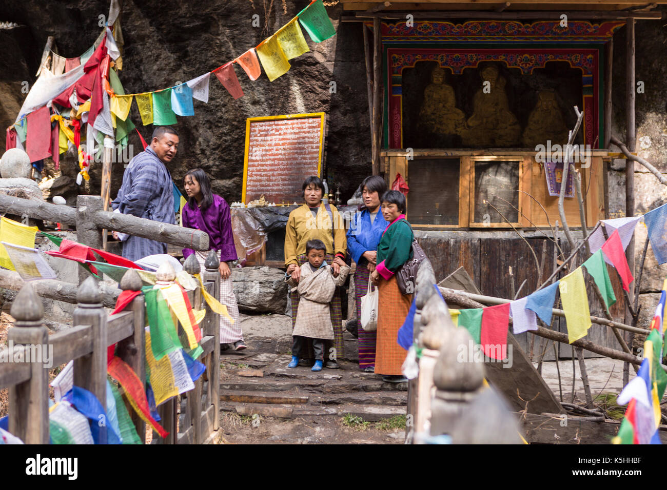 Pilgrims visiting the Burning Lake in the Tang Valley, Bumthang, Central Bhutan Stock Photo