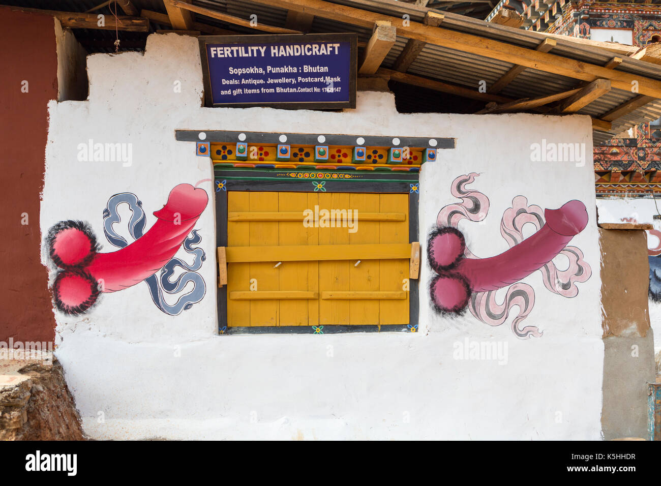 Fertility Handicraft souvenir shop in Lobesa near Punakha, western Bhutan. Stock Photo