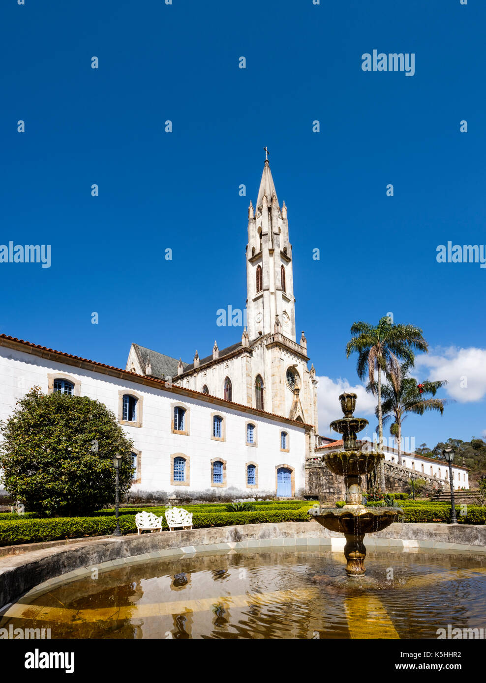 Front gardens and fountain of Caraca Sanctuary, a natural reserve with a neo-gothic church, Catas Altas, Minas Gerais, Brazil. Stock Photo