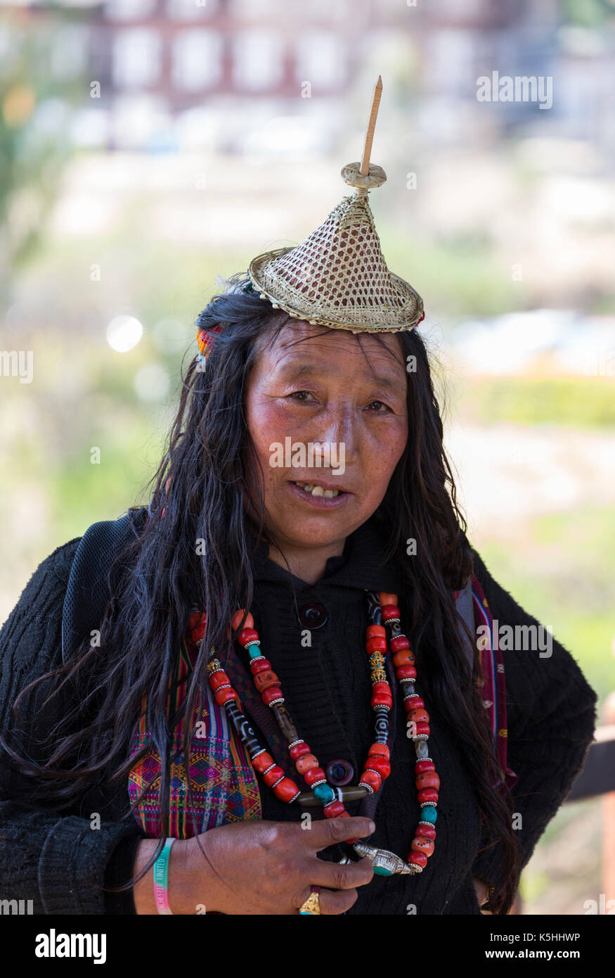 Nomad from Laya in traditional dress at Punakha Dzong during the annual Tsechu (religious festival), Western Bhutan. Stock Photo