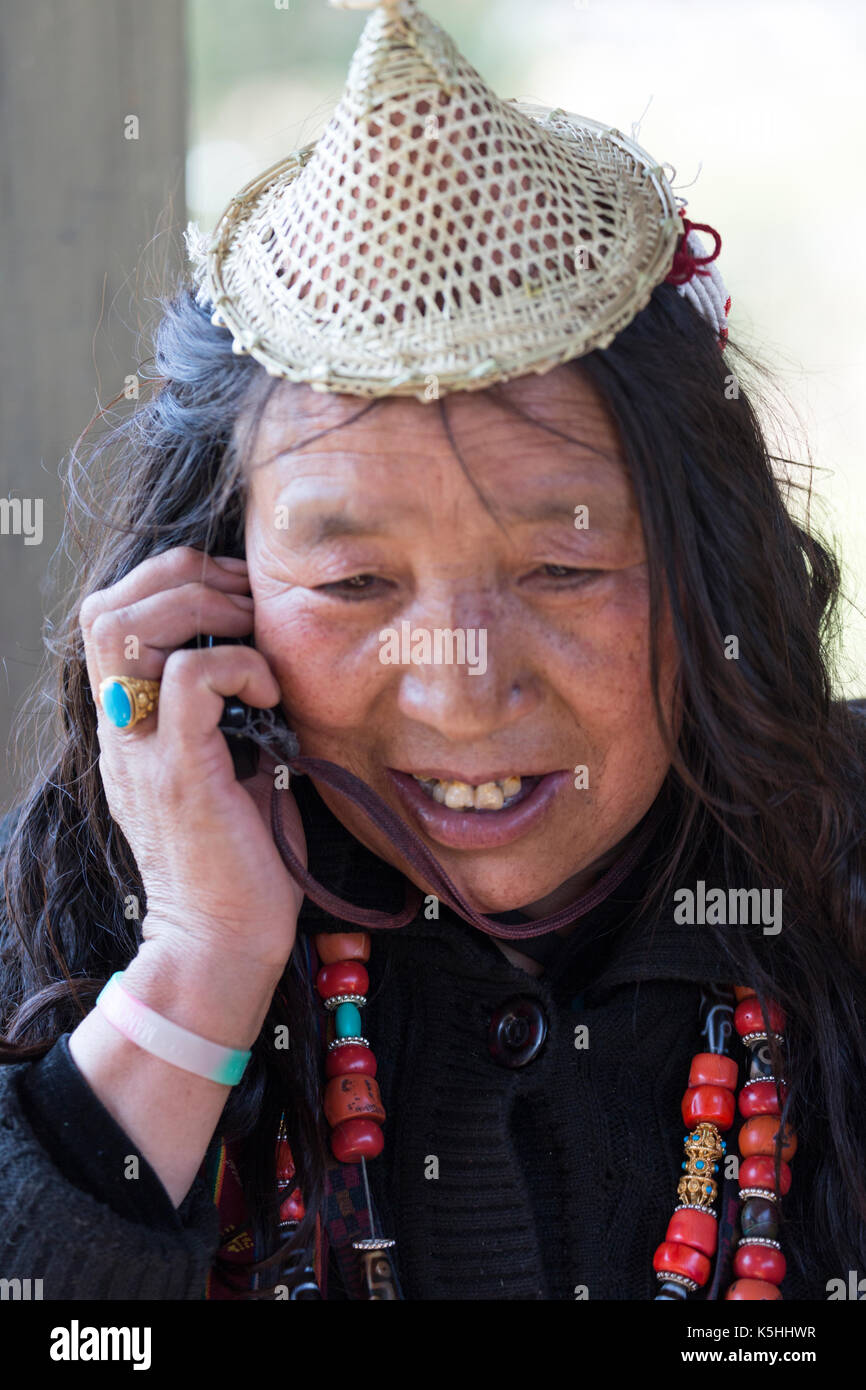 Nomad from Laya in traditional dress at Punakha Dzong during the annual Tsechu (religious festival), Western Bhutan. Stock Photo