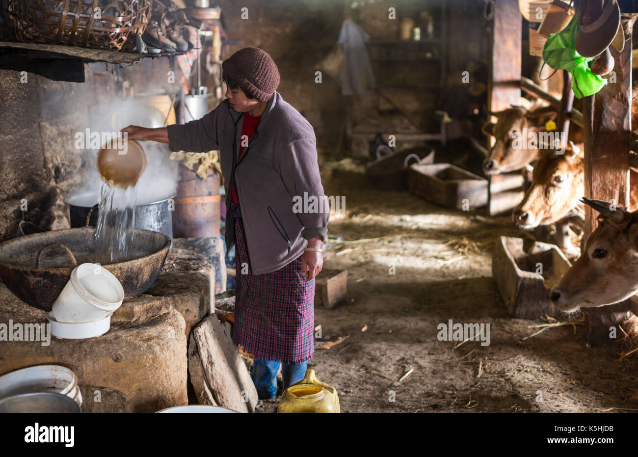 Life on a farm in the village of Dorikha in the Haa Valley of Western Bhutan Stock Photo