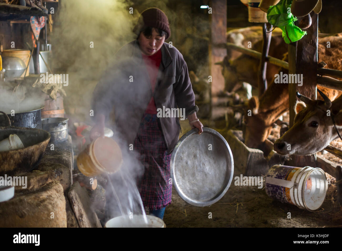 Life on a farm in the village of Dorikha in the Haa Valley of Western Bhutan Stock Photo