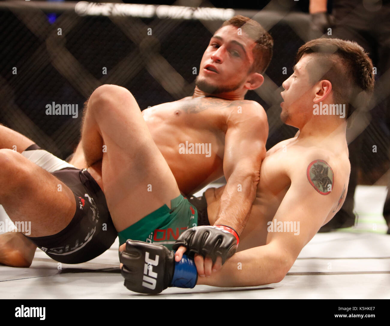 Brandon Moreno takes on Sergio Pettis during the UFC Fight Night 114 at Arena Ciudad de Mexico in Mexico City.  Featuring: Brandon Moreno, Sergio Pettis Where: Mexico City, Mexico When: 06 Aug 2017 Credit: WENN.com Stock Photo