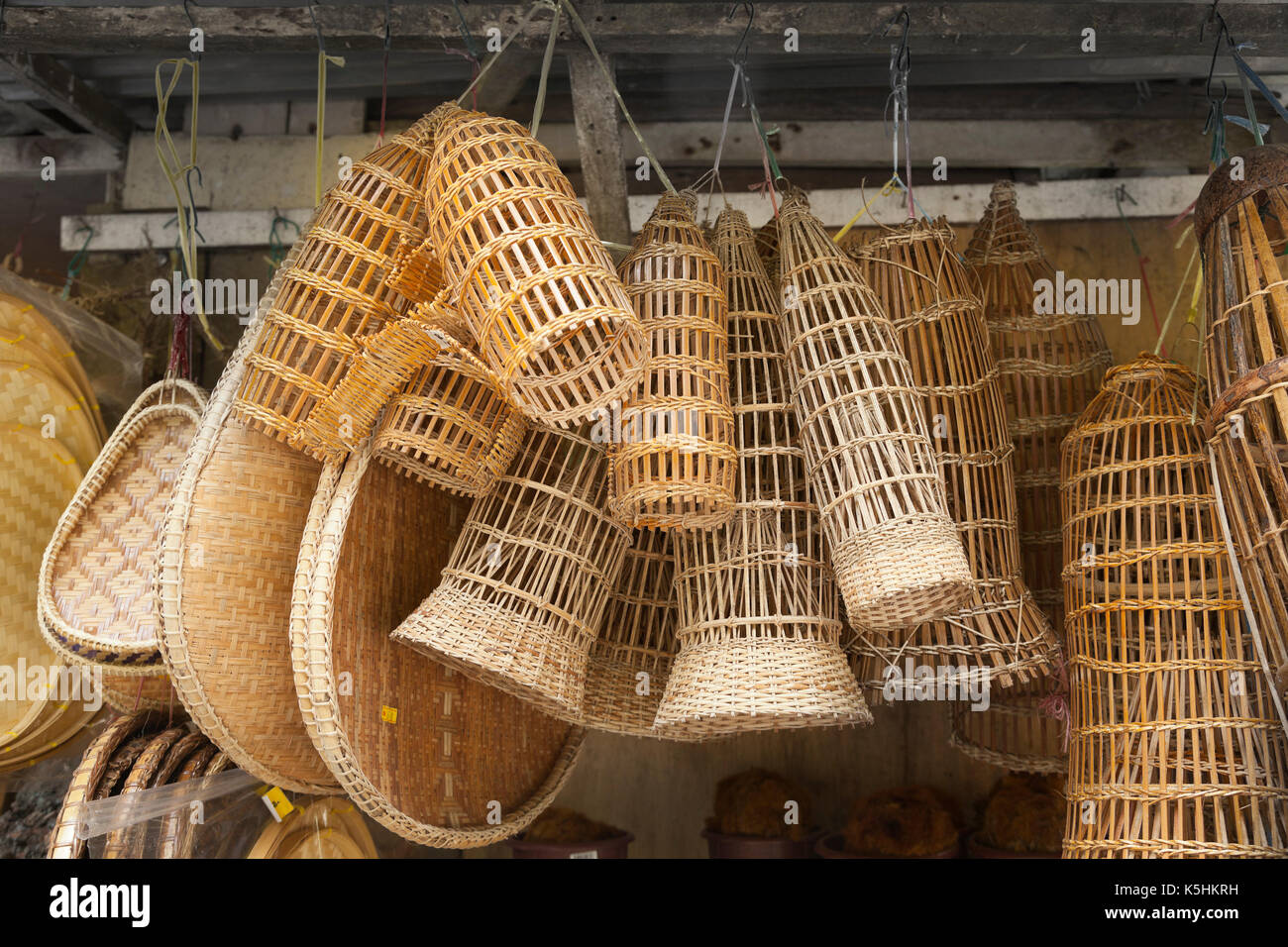 Rattan craftwork for sale in a market stall, Cameron Highlands, Malaysia Stock Photo