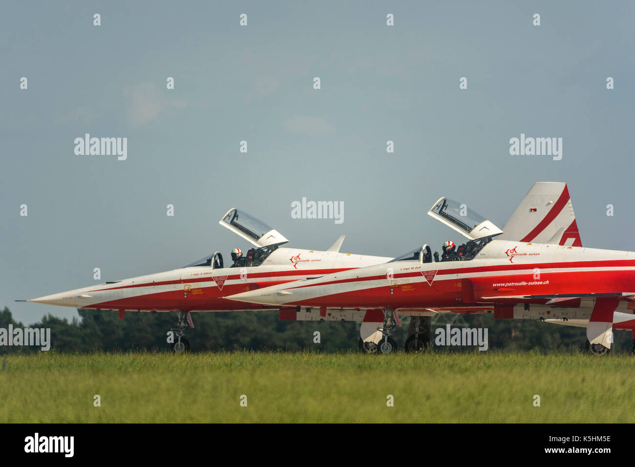Two Northrop F-5E Tiger II planes of Patrouille Suisse, the aerobatic team of the swiss air force. Stock Photo