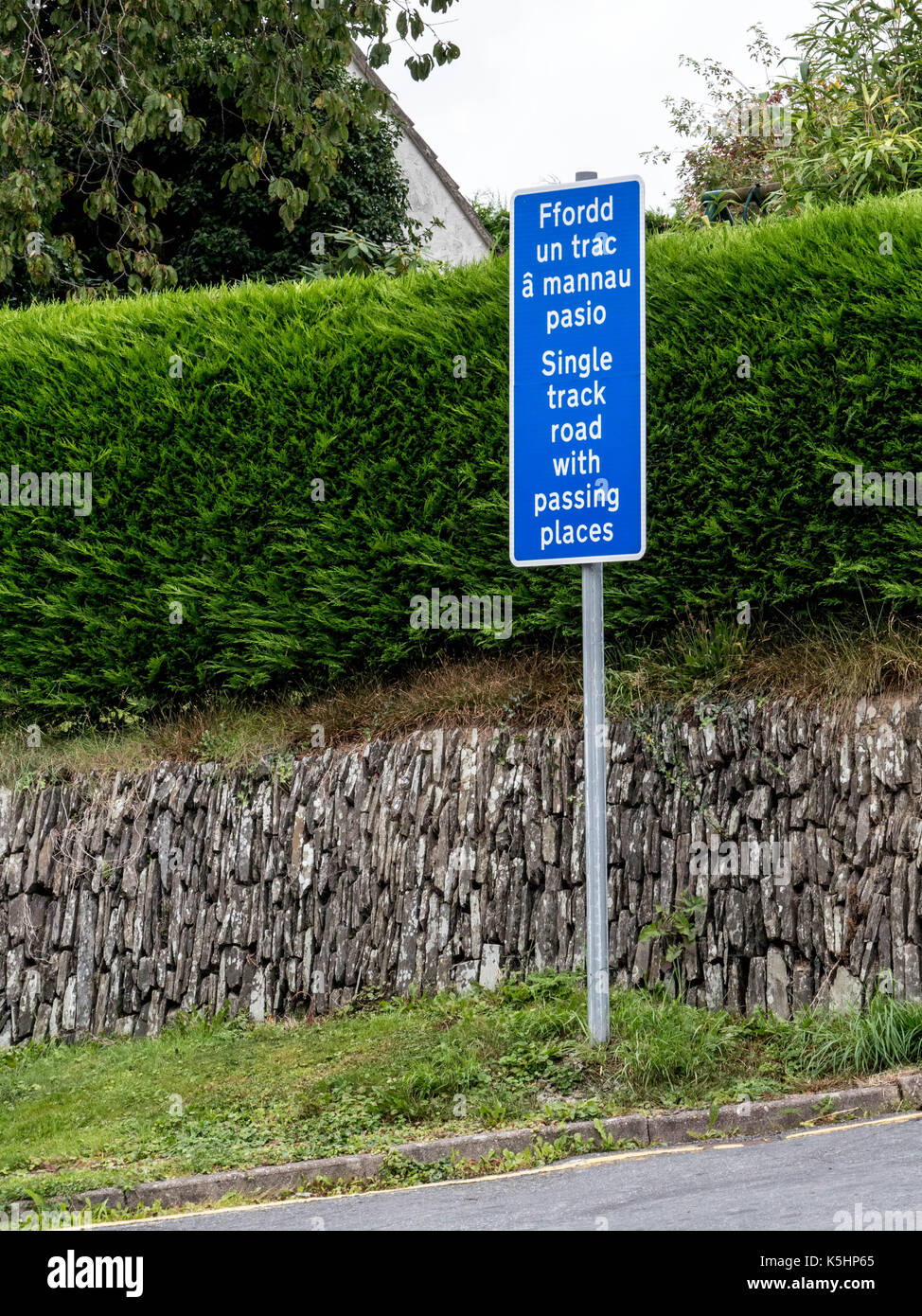 Blue and white sign in Welsh and English advising that the road ahead is a single track with passing places Stock Photo