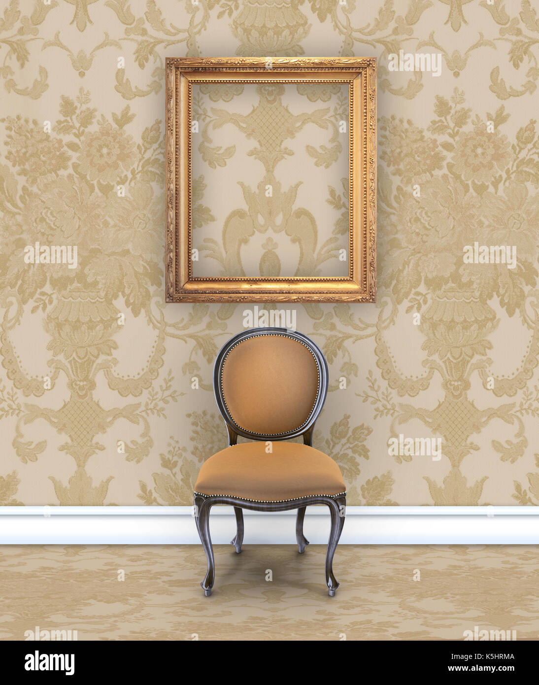 Wall with rich tan damask wallpaper, a velvet chair, and an empty gold