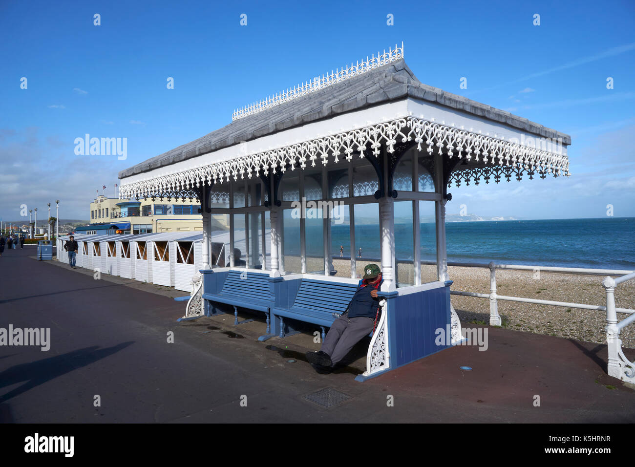 A view of the Victorian shelter on Weymouth esplanade. Stock Photo