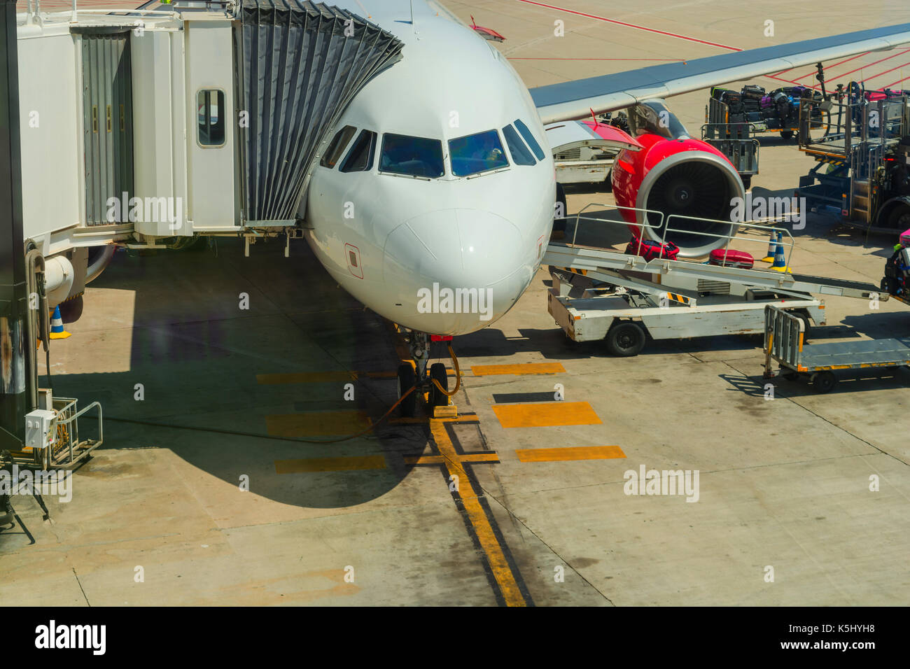 2016: Airport of Mallorca, airplane in departure area during loading and refueling ready for departure. Stock Photo