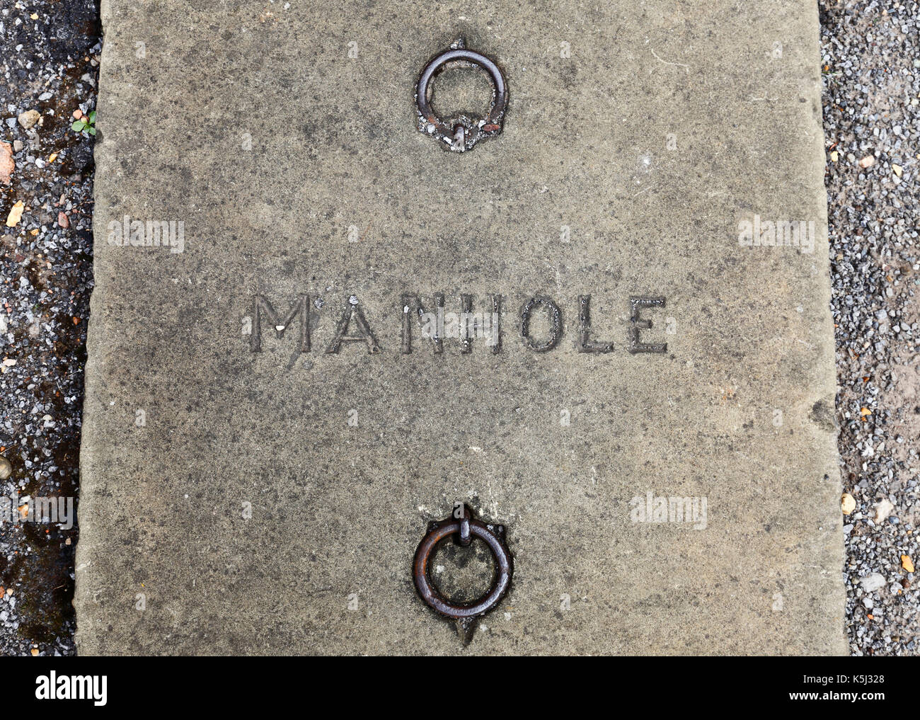 Concrete manhole cover with iron ring handles. Stock Photo