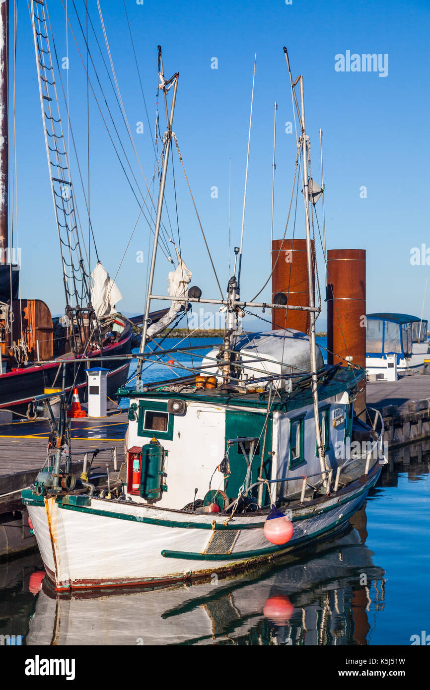 Japanese fishing boat moored at a floating pontoon in Steveston near Vancouver Stock Photo