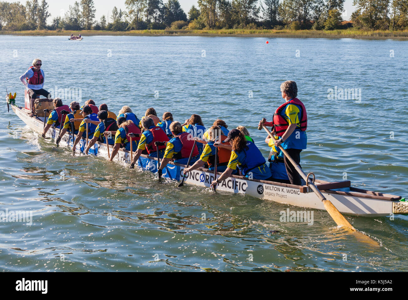 Dragon Boat with a team of women paddling to the start line for their race Stock Photo