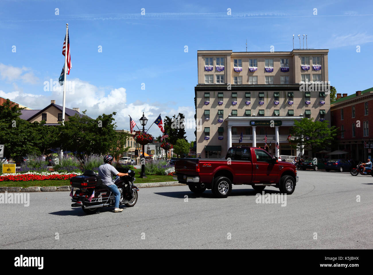 Biker in Lincoln Square in front of Gettysburg Hotel during Bike Week, Gettysburg, Adams County, Pennsylvania, USA Stock Photo